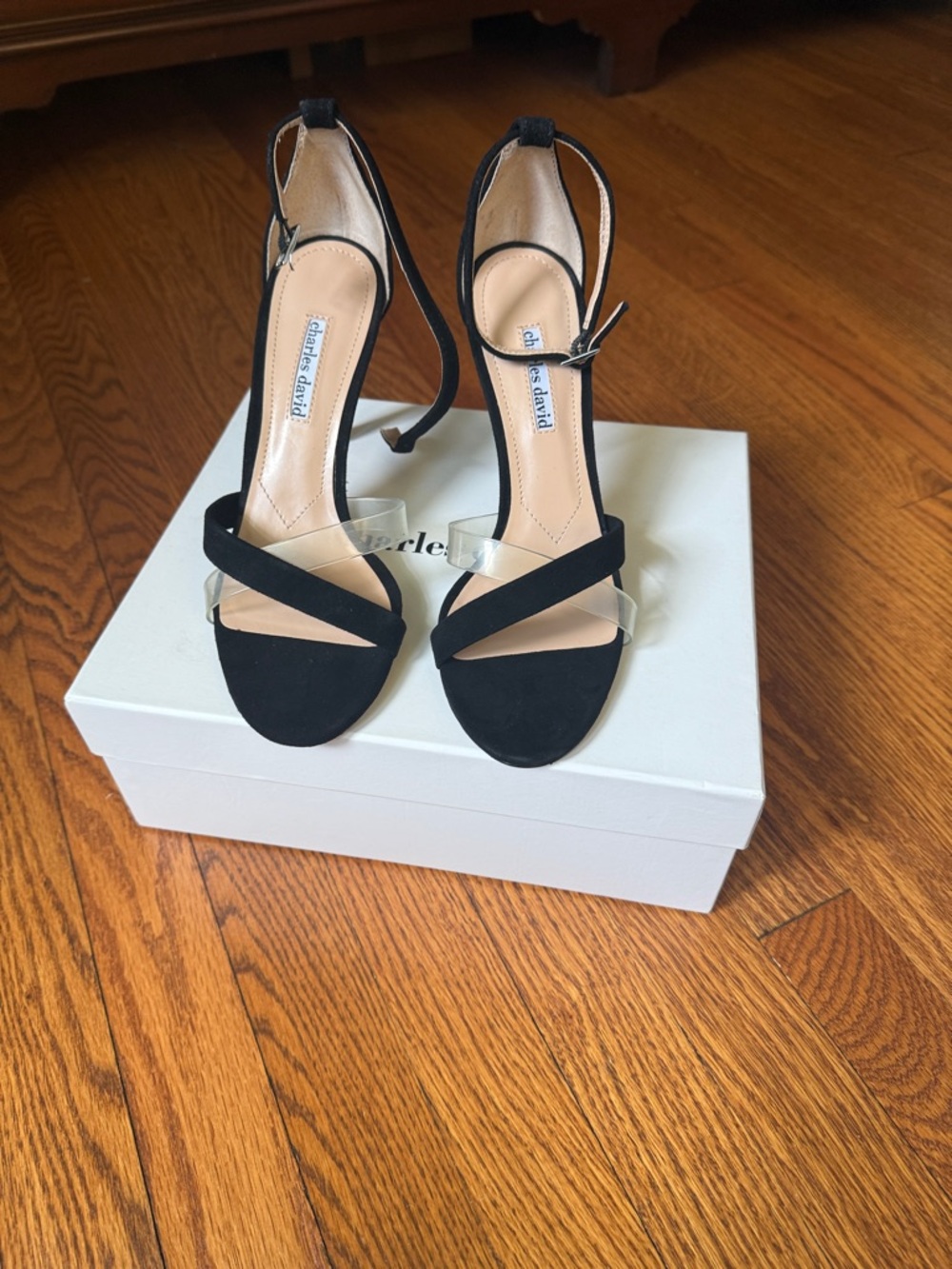 Charles David Black Suede Ankle-Strap Heeled Sandals with Clear Toe Strap